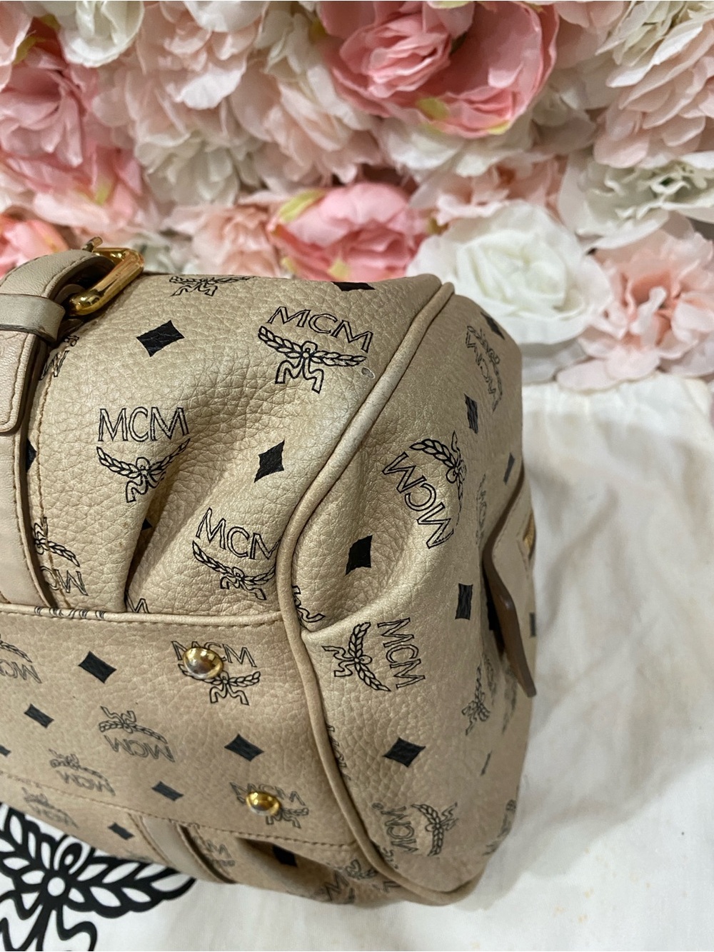MCM Beige Visetos Logo Satchel with Gold Hardware - Picture 4 of 14